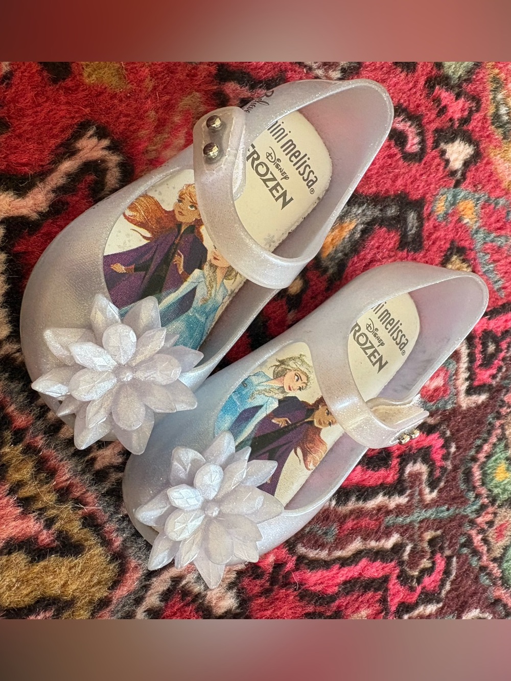 Mini Melissa Girls Frozen Sparkle Silver Mary Jane Flats with Flower
